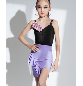 Girls kids purple with black latin dance dresses flowers ballroom salsa rumba chacha latin performance skirts for children